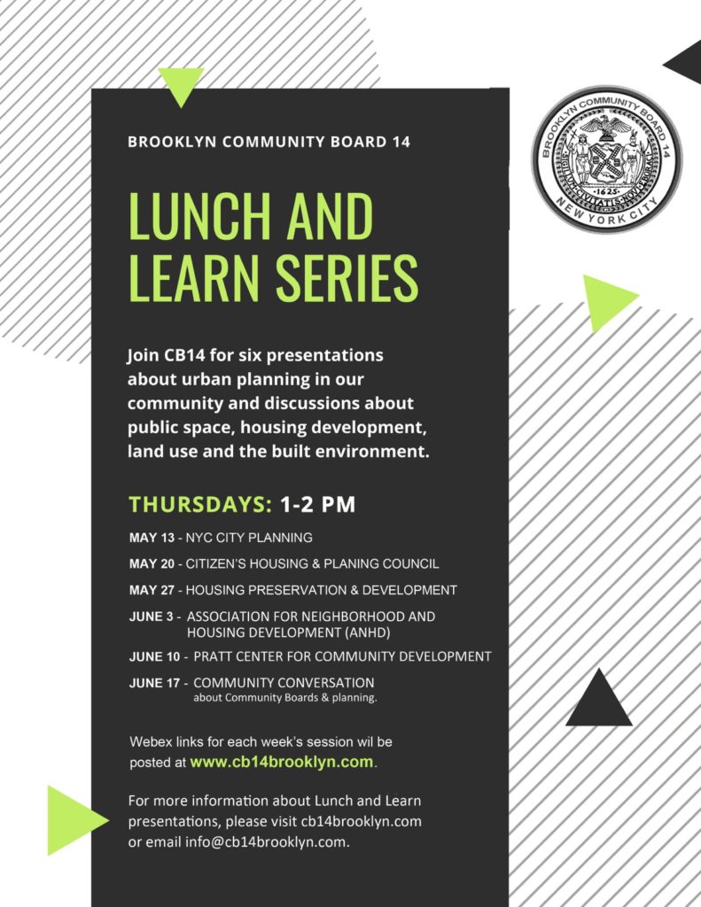 Brooklyn CB14 Lunch and Learn series flyer