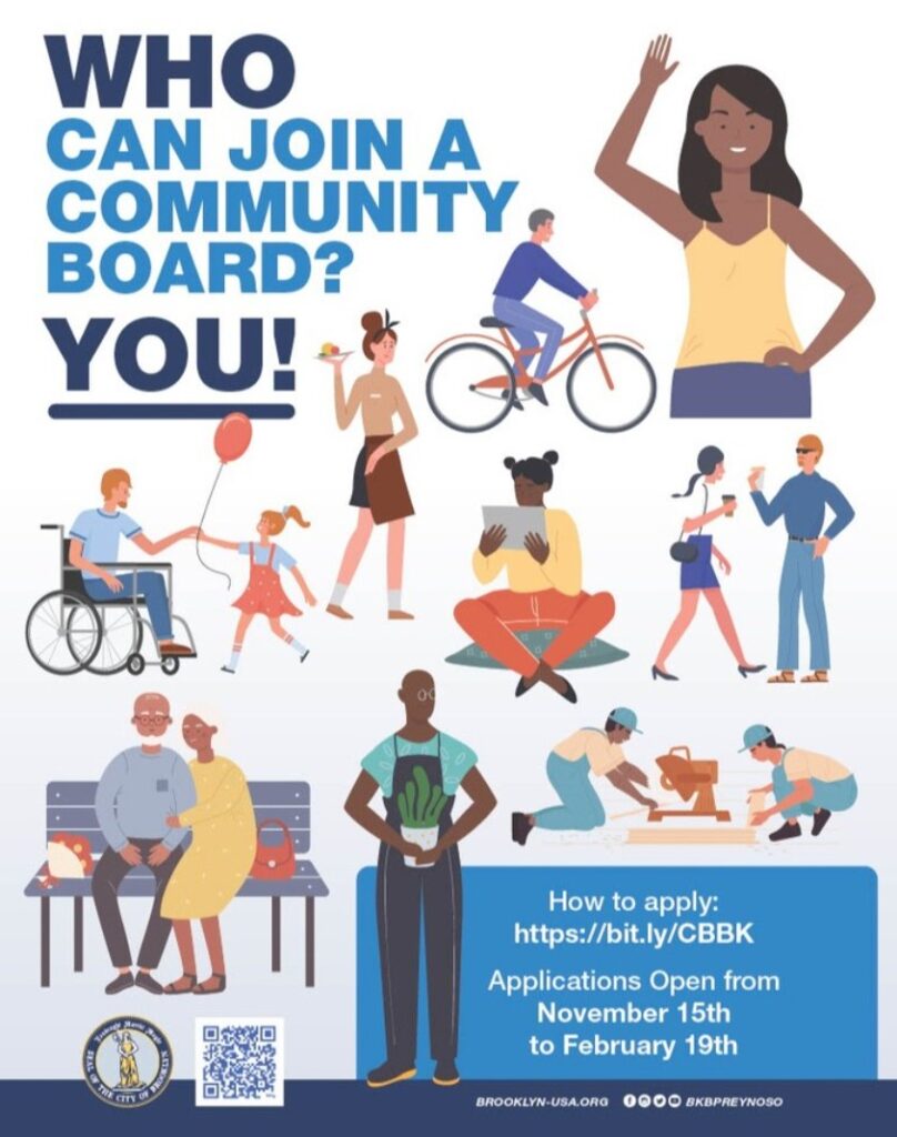Illustration with people of different backgrounds and text: "Who can join a community board? You! How to apply: https://bit.ly/CBBK Applications open from November 15 to February 19, 2024