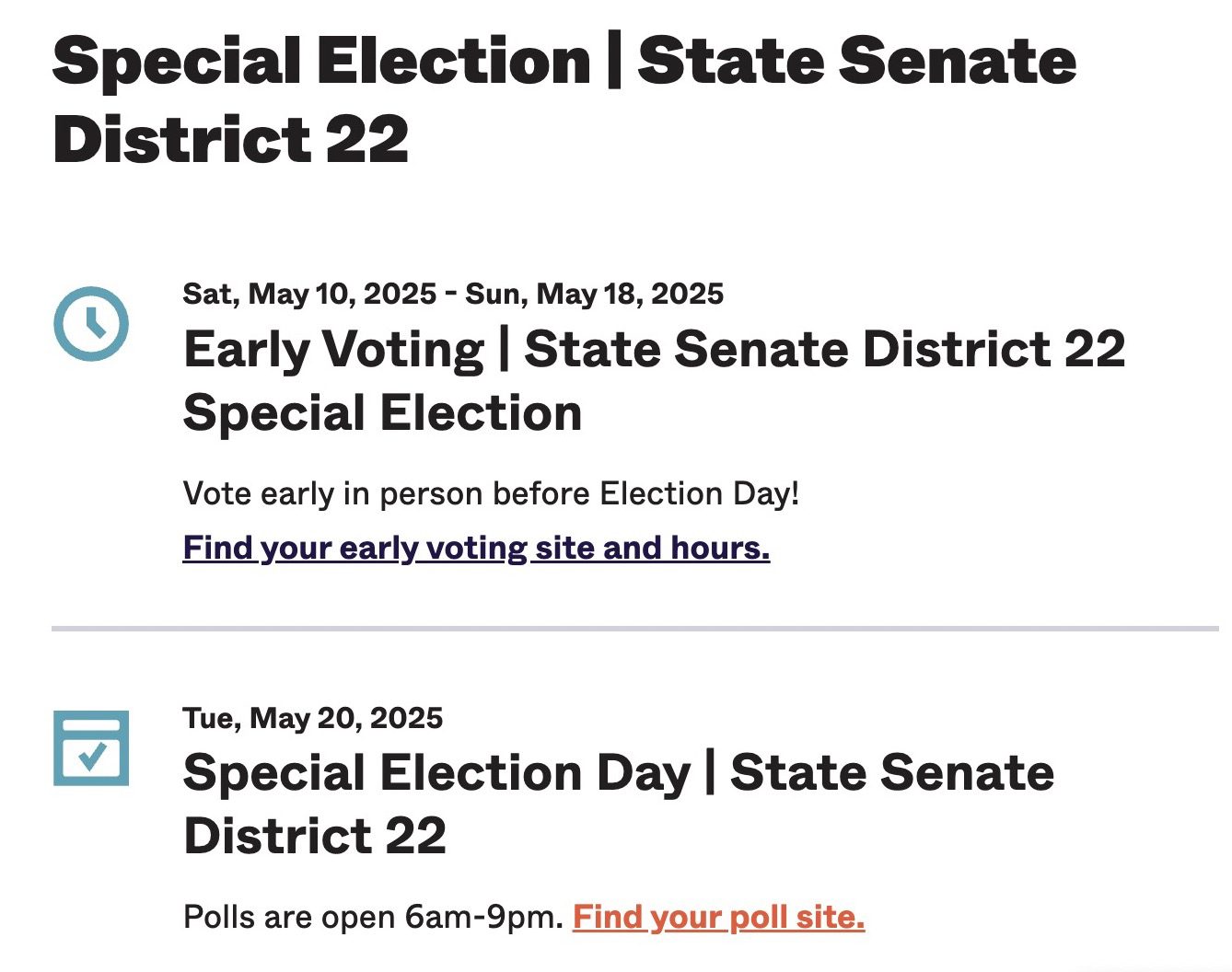 Brooklyn Special Election 22nd Senate District - May 20, 2025
Election Day is Tuesday, May 20, 2025. Polls are open from 6am to 9pm.
Early Voting Period is May 10, 2025 - May 18, 2025.